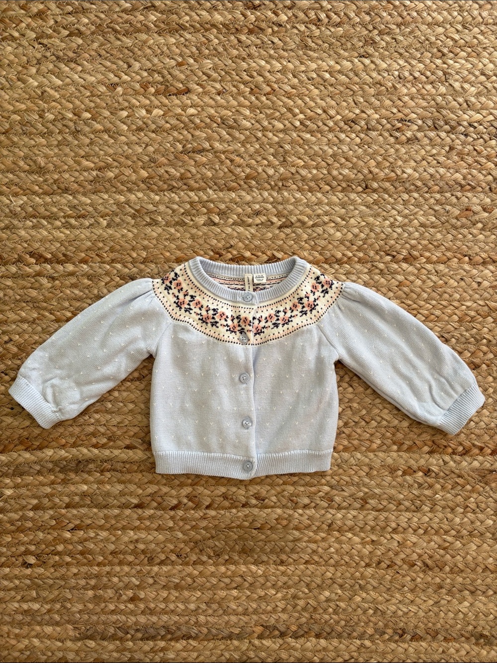 Janie and Jack floral intarsia fair isle light blue knit cardigan sweater, 6-12M